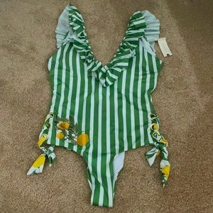 Anthropology green and white stripe bathing suit